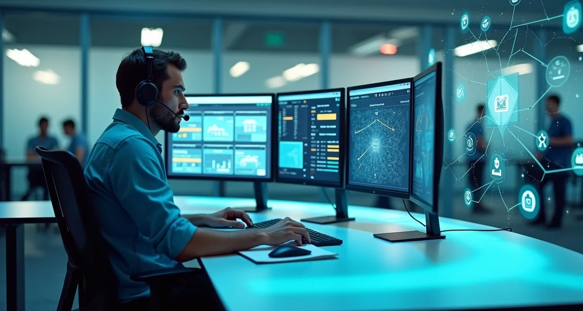 Centro de comando de service desk com operador monitorando fila de chamados