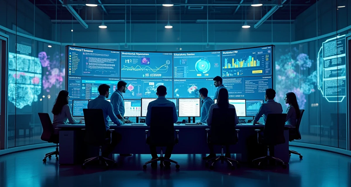 Painel de controle de TI com IA gerenciando serviços digitais