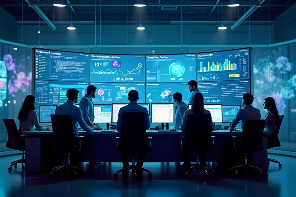 Painel de controle de TI com IA gerenciando serviços digitais